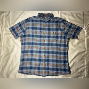 Kuhl Mens Plaid Shirt XL Button Blue  Pockets Short Sleeve Linen Blend Outdoors